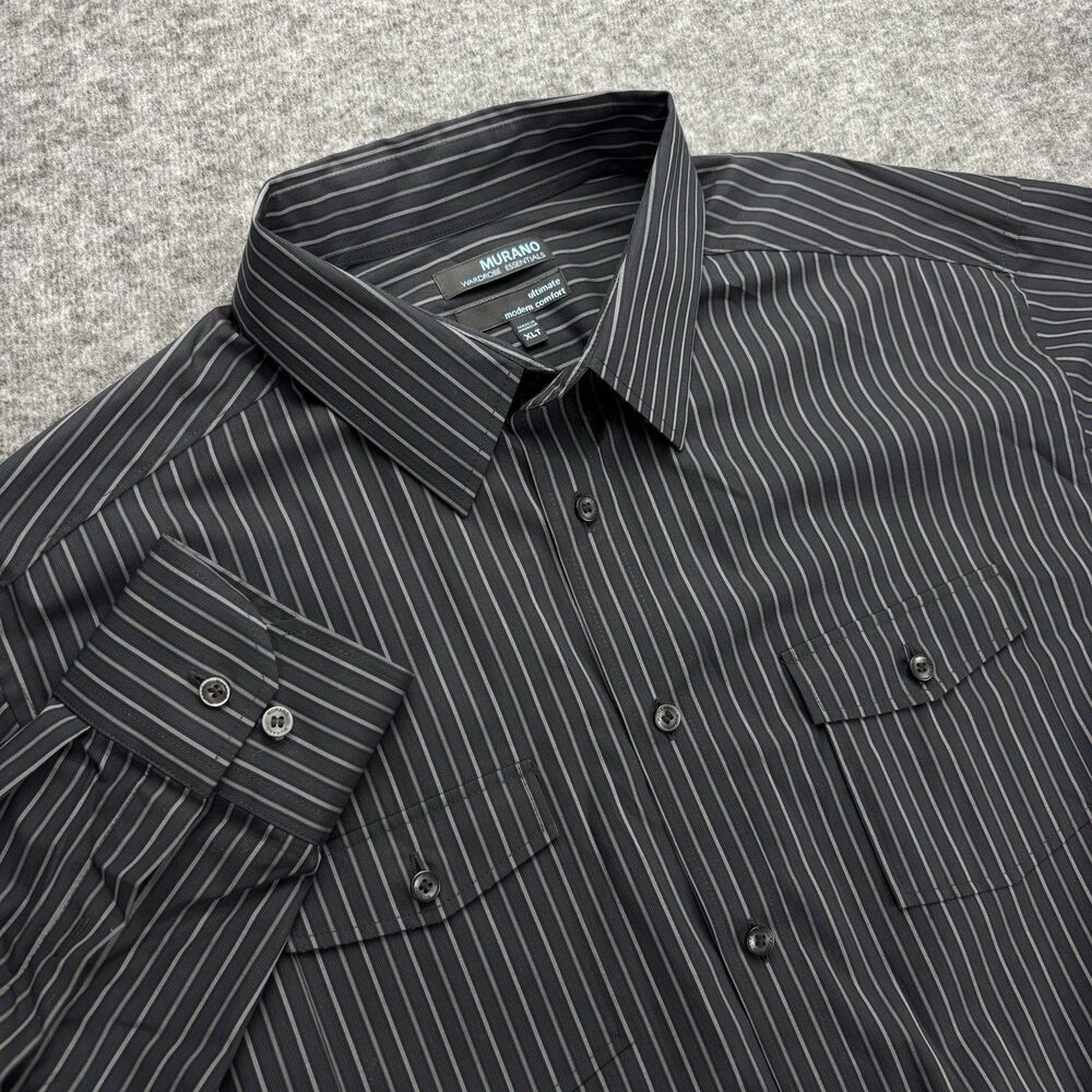 Murano Wardrobe Essentials Mens XLT Black Gray Stripe Long Sleeve Dress Shirt